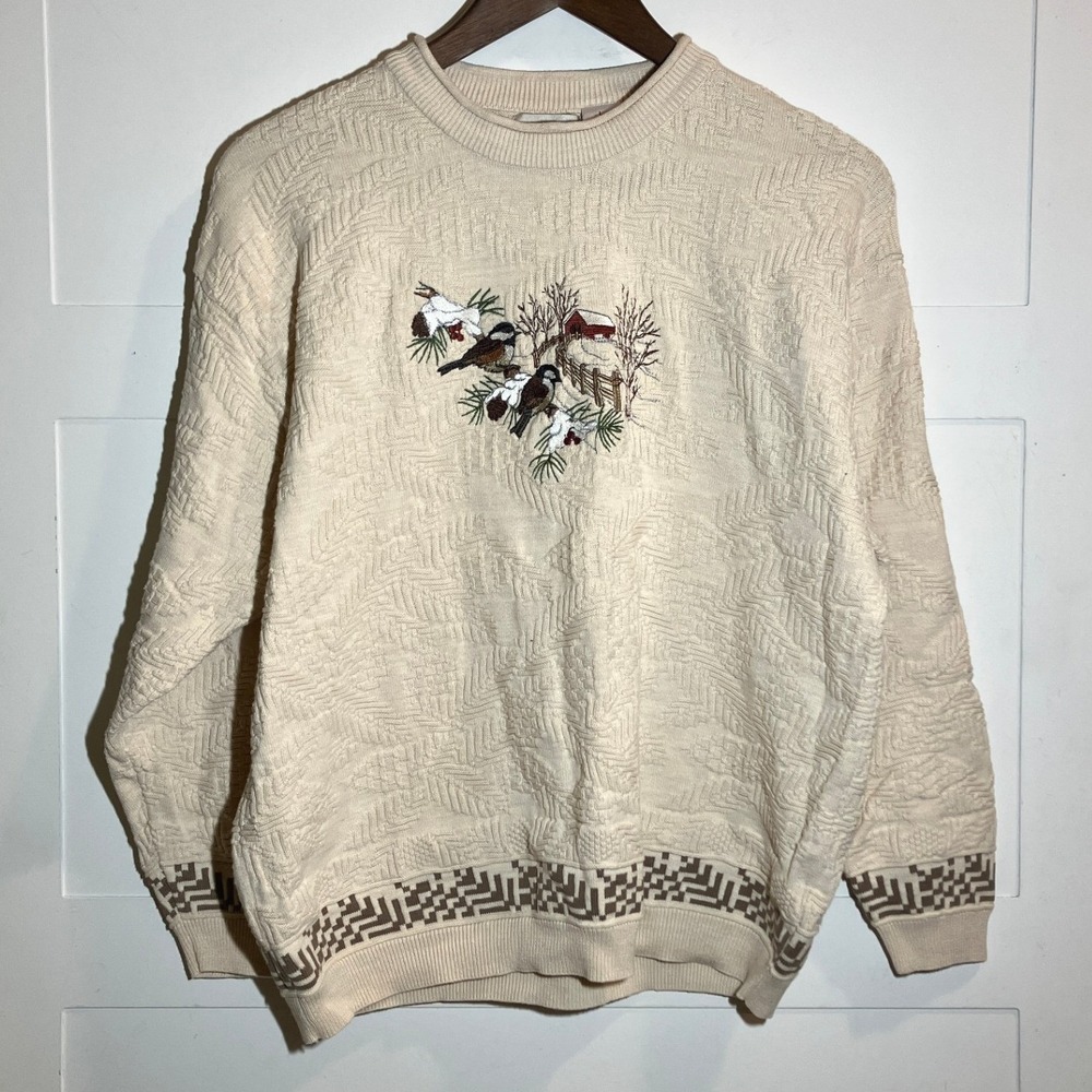Le Moda Womens L Pullover Sweater Cream Embroidered Bird Nature Cottage‎ Granny